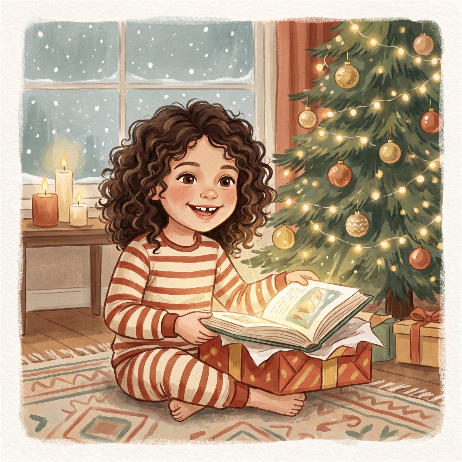 Illustration: Mia packt an Weihnachten ein leuchtendes Buch aus